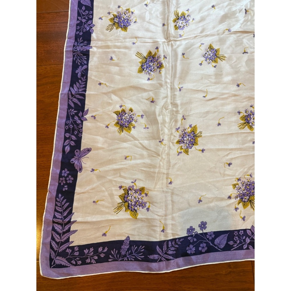 Jo Copeland Floral Bouquet Scarf Coquette 1960s | Purple Cream | 35" Square - Picture 9 of 10